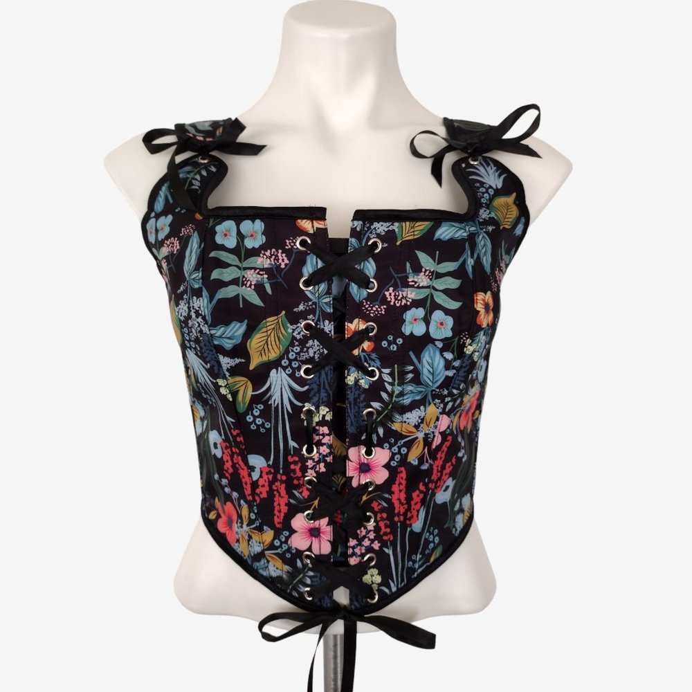 Multicolored Floral Lace Up Low Cut Corset Bustier Top